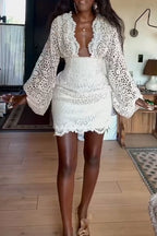 Women's Deep V-neck Patchwork Pattern Hollow Out Elegant Temperament Dress