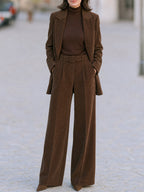 Elegant Corduroy Tailored Blazer And Wide Leg Pants Suit Set