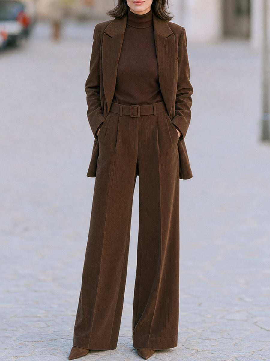 Elegant Corduroy Tailored Blazer And Wide Leg Pants Suit Set
