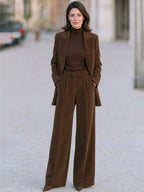 Elegant Corduroy Tailored Blazer And Wide Leg Pants Suit Set