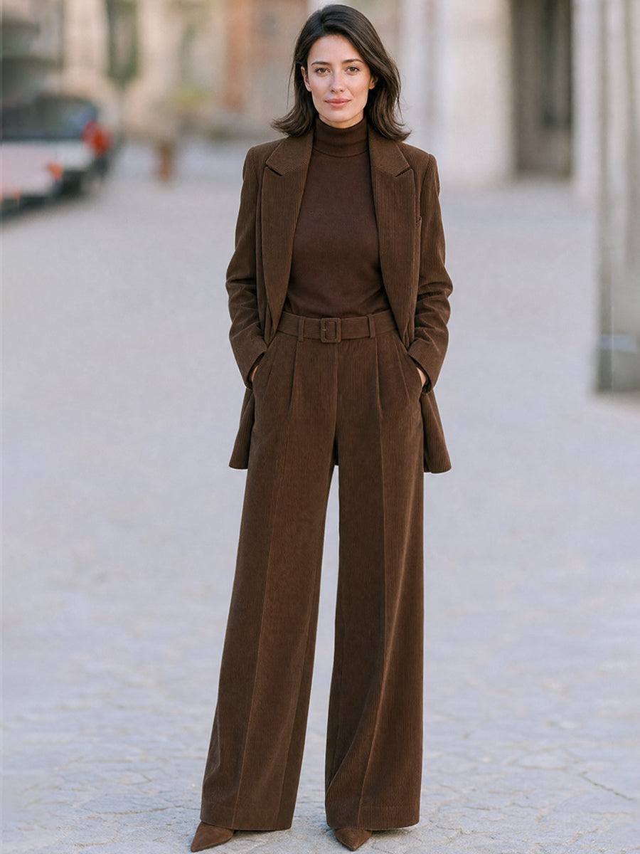 Elegant Corduroy Tailored Blazer And Wide Leg Pants Suit Set