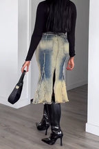 Women Make Vintage Denim Patchwork Washed Casual Half Skirt