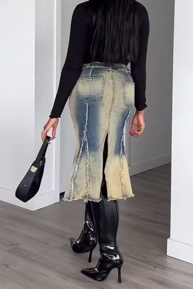 Women Make Vintage Denim Patchwork Washed Casual Half Skirt