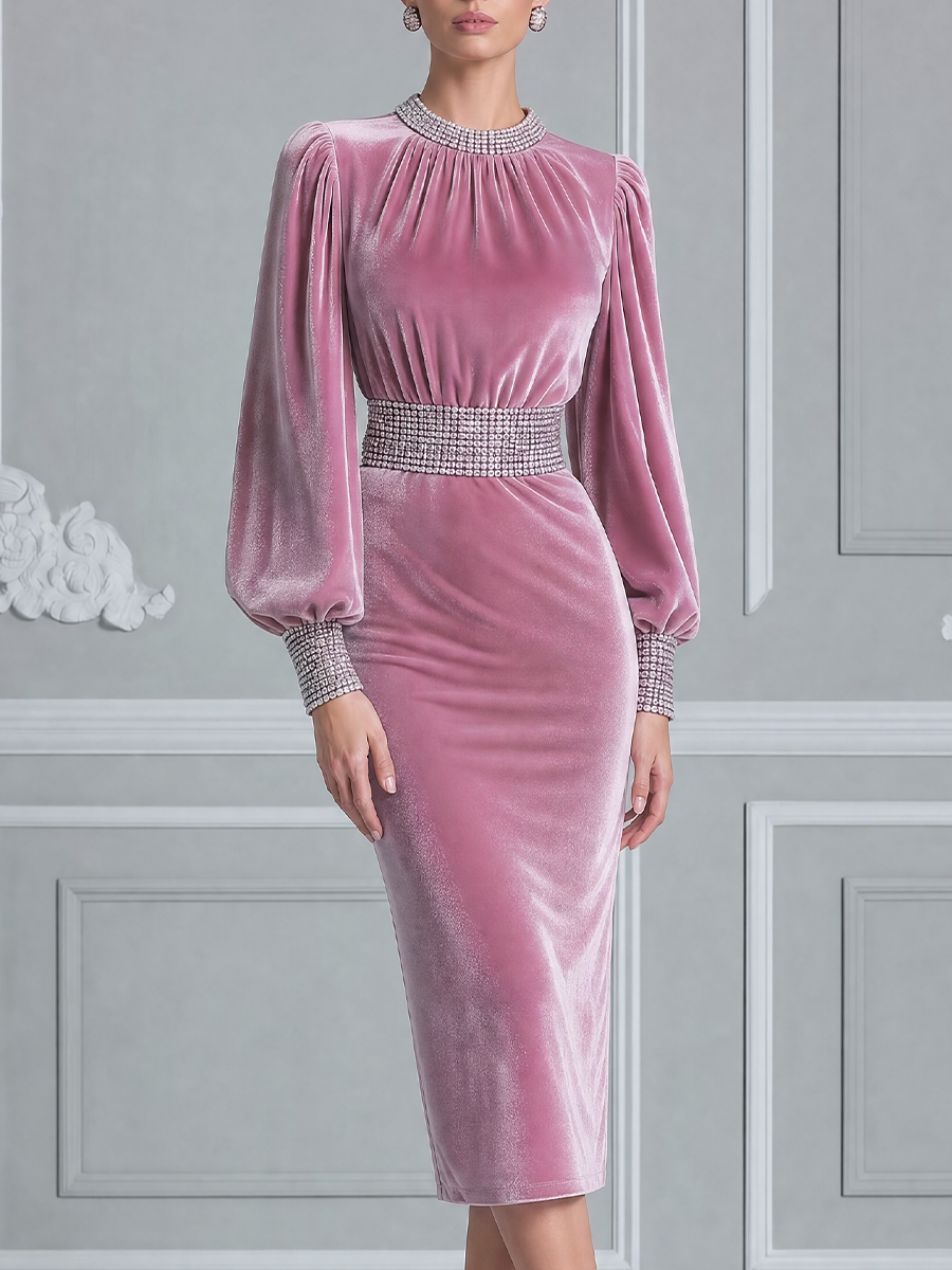 Pink Velvet Fall Wedding Guest Dress Beaded Neck Balloon Sleeve Pencil Midi Dress