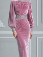 Pink Velvet Fall Wedding Guest Dress Beaded Neck Balloon Sleeve Pencil Midi Dress