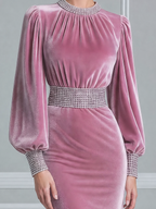 Pink Velvet Fall Wedding Guest Dress Beaded Neck Balloon Sleeve Pencil Midi Dress