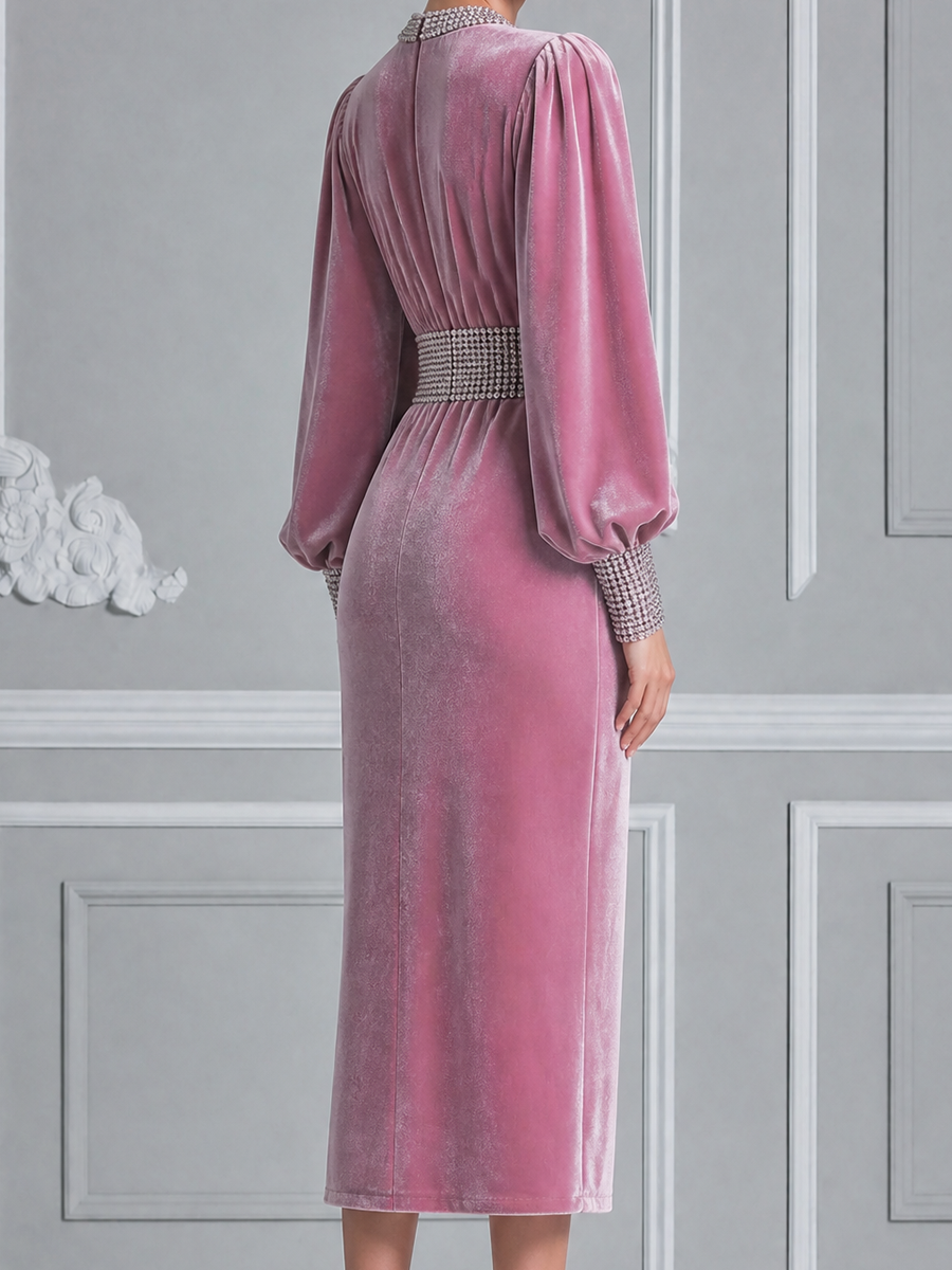 Pink Velvet Fall Wedding Guest Dress Beaded Neck Balloon Sleeve Pencil Midi Dress