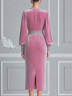 Pink Velvet Fall Wedding Guest Dress Beaded Neck Balloon Sleeve Pencil Midi Dress