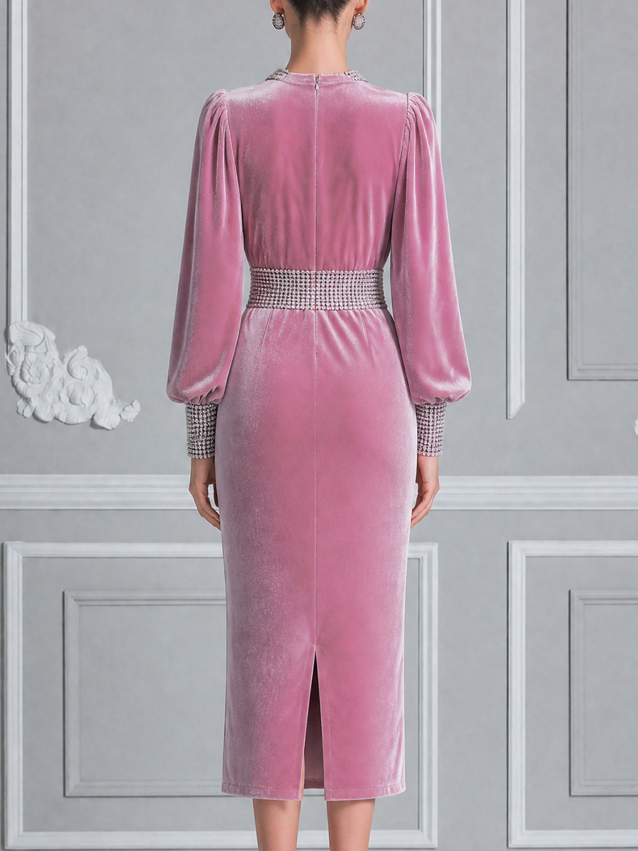 Pink Velvet Fall Wedding Guest Dress Beaded Neck Balloon Sleeve Pencil Midi Dress