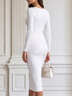 Cowl Neck Long Sleeve Ruched Bodycon Midi Dress