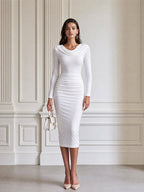 Cowl Neck Long Sleeve Ruched Bodycon Midi Dress