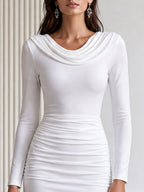 Cowl Neck Long Sleeve Ruched Bodycon Midi Dress