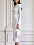 Cowl Neck Long Sleeve Ruched Bodycon Midi Dress