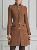 Brown Fall Fashion Stand Collar Gold Button Longline Coat