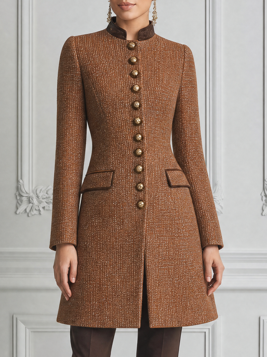 Brown Fall Fashion Stand Collar Gold Button Longline Coat