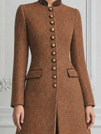 Brown Fall Fashion Stand Collar Gold Button Longline Coat