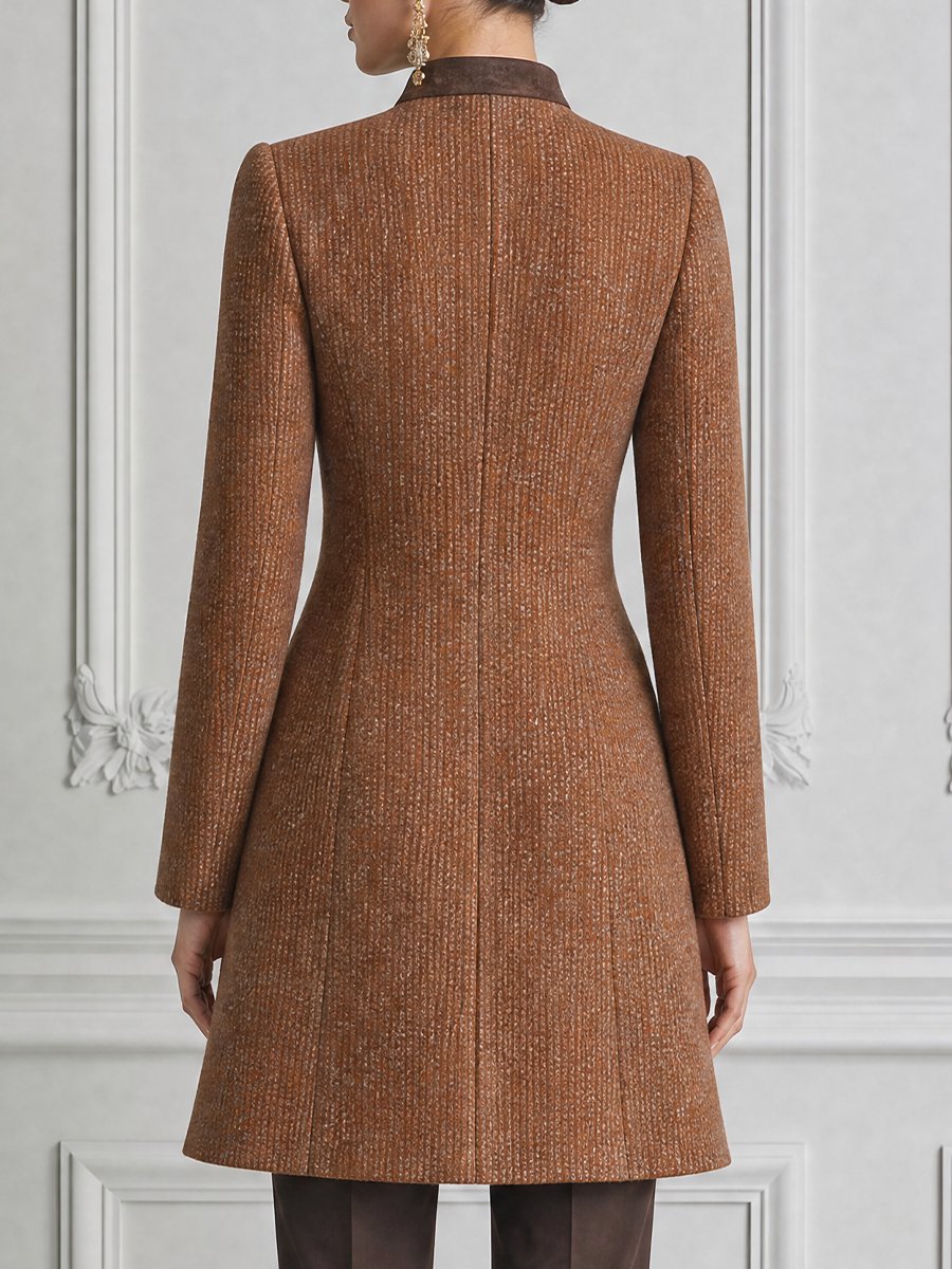 Brown Fall Fashion Stand Collar Gold Button Longline Coat
