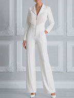 White Fringe Zip Front Blazer Jumpsuit With Wide Leg Pants