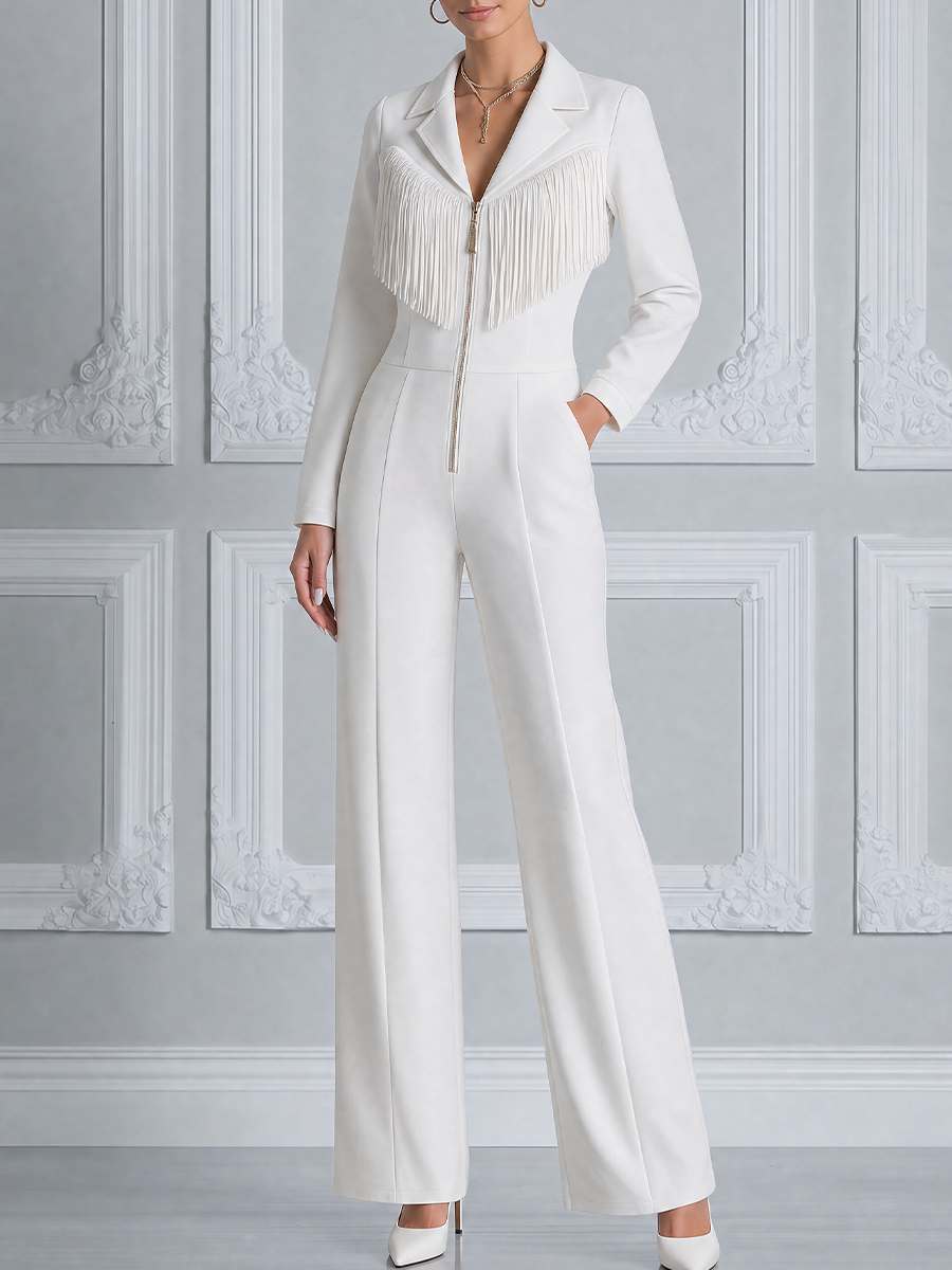White Fringe Zip Front Blazer Jumpsuit With Wide Leg Pants