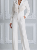 White Fringe Zip Front Blazer Jumpsuit With Wide Leg Pants