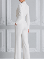 White Fringe Zip Front Blazer Jumpsuit With Wide Leg Pants