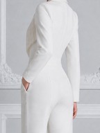 White Fringe Zip Front Blazer Jumpsuit With Wide Leg Pants