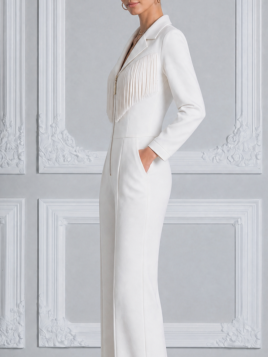 White Fringe Zip Front Blazer Jumpsuit With Wide Leg Pants