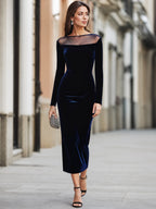 Velvet Mesh-Spliced Maxi Dress