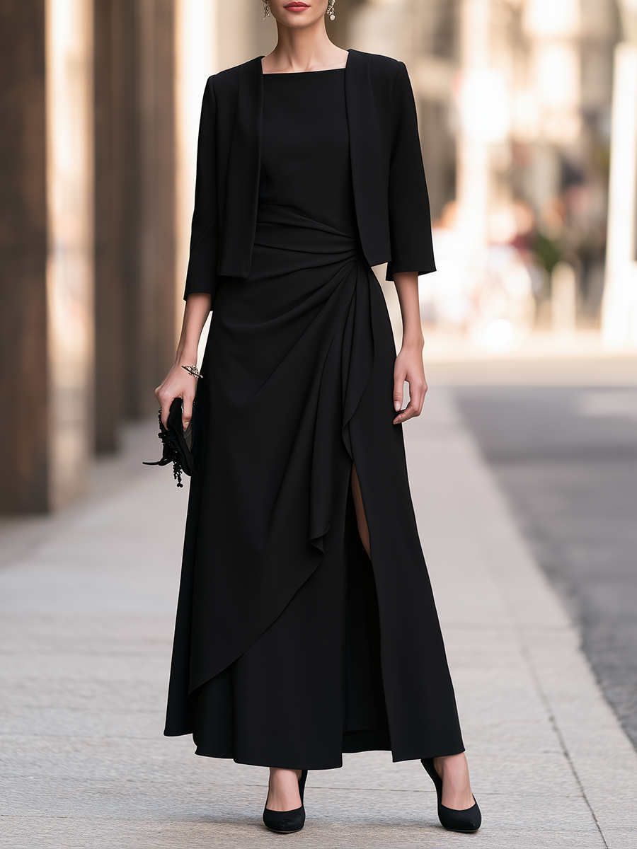 Cropped Open Jacket And Draped Maxi Dress Set