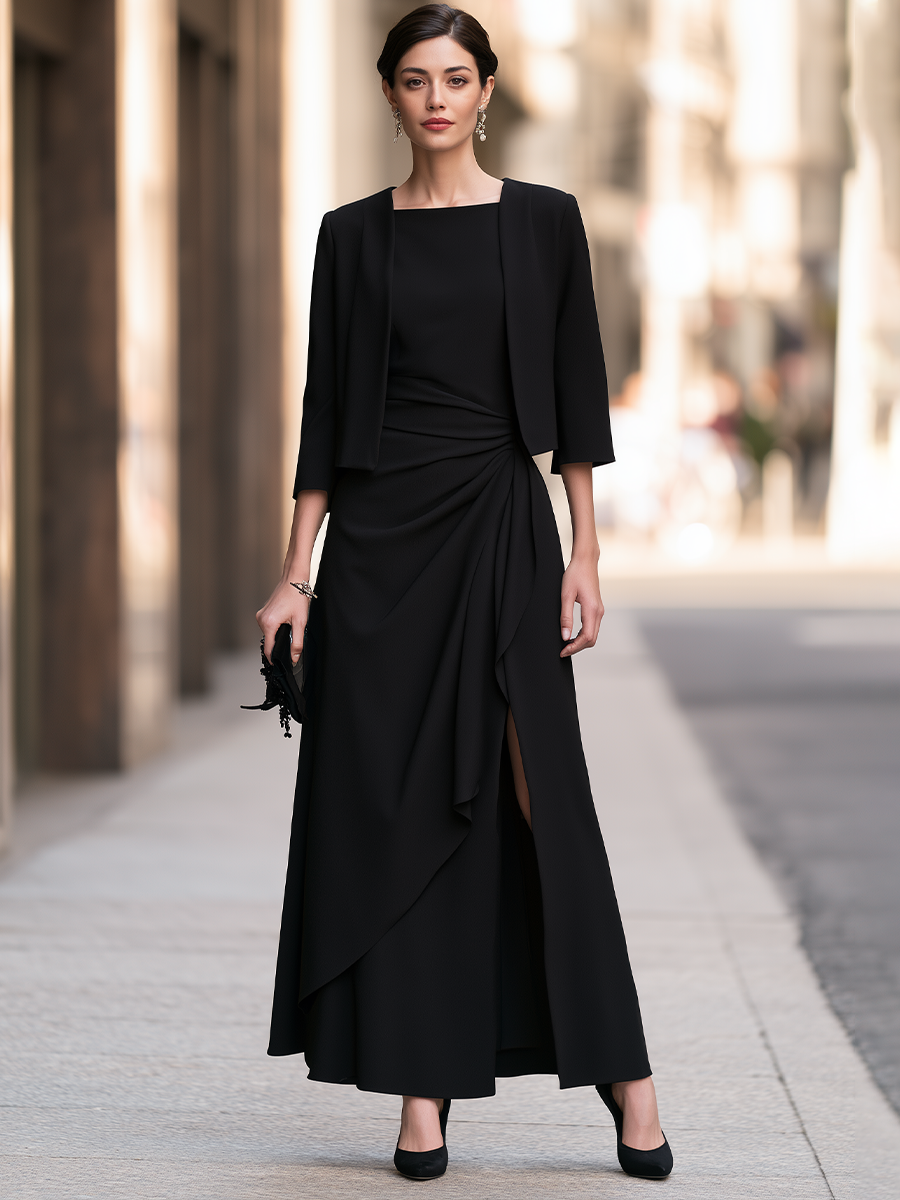 Cropped Open Jacket And Draped Maxi Dress Set