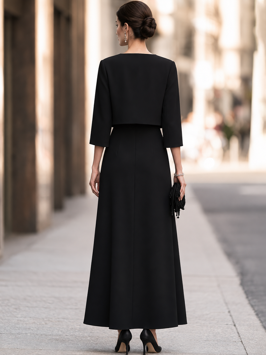 Cropped Open Jacket And Draped Maxi Dress Set