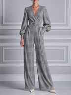 Gray Fall Fashion Plaid Belted V-Neck Wide Leg Jumpsuit