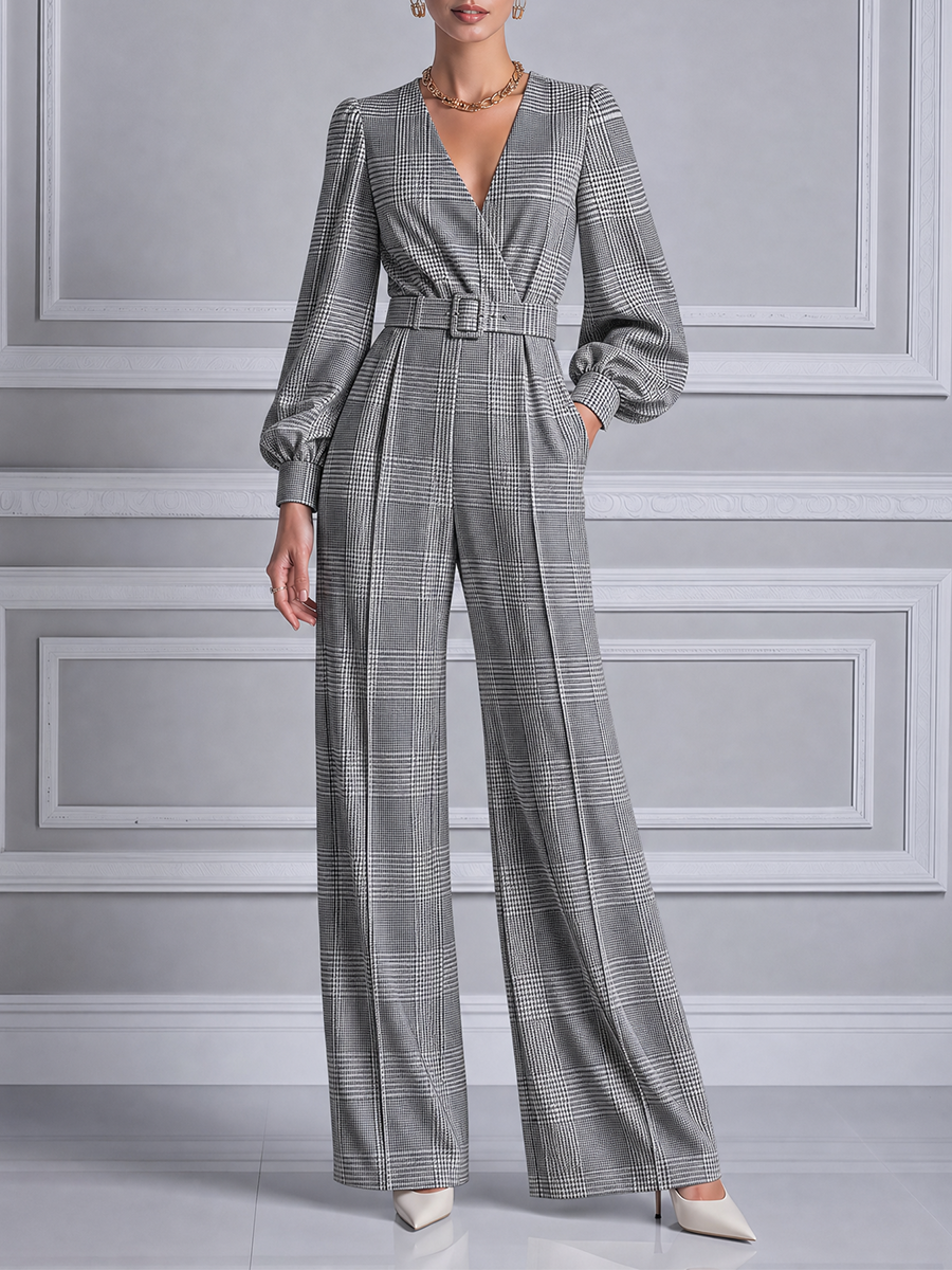 Gray Fall Fashion Plaid Belted V-Neck Wide Leg Jumpsuit