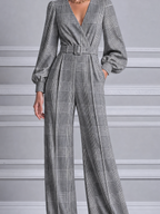 Gray Fall Fashion Plaid Belted V-Neck Wide Leg Jumpsuit