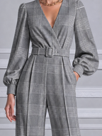 Gray Fall Fashion Plaid Belted V-Neck Wide Leg Jumpsuit