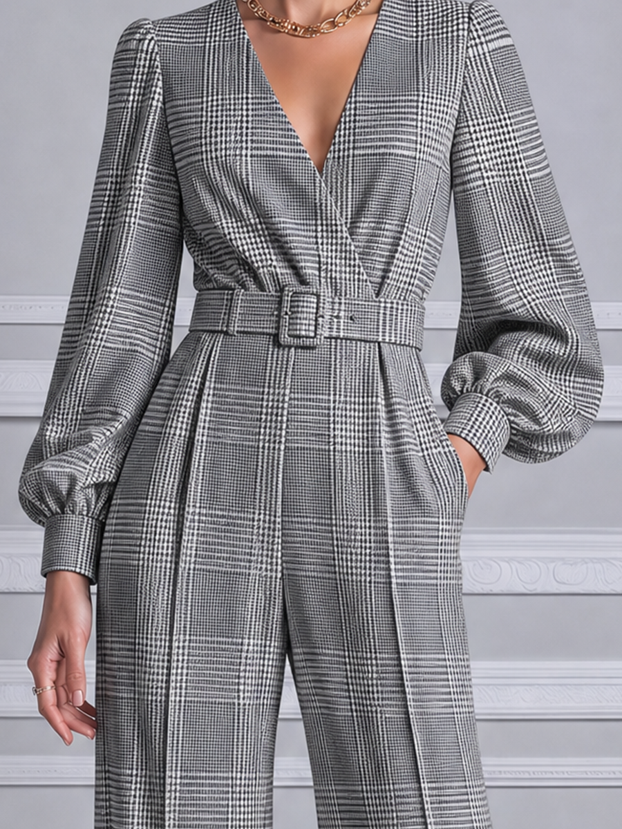 Gray Fall Fashion Plaid Belted V-Neck Wide Leg Jumpsuit