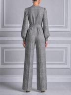 Gray Fall Fashion Plaid Belted V-Neck Wide Leg Jumpsuit