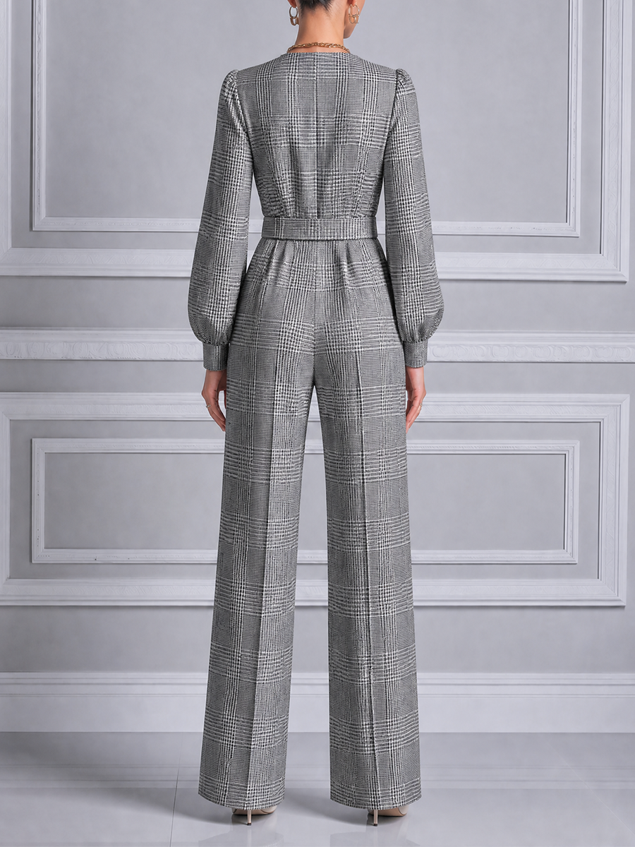 Gray Fall Fashion Plaid Belted V-Neck Wide Leg Jumpsuit