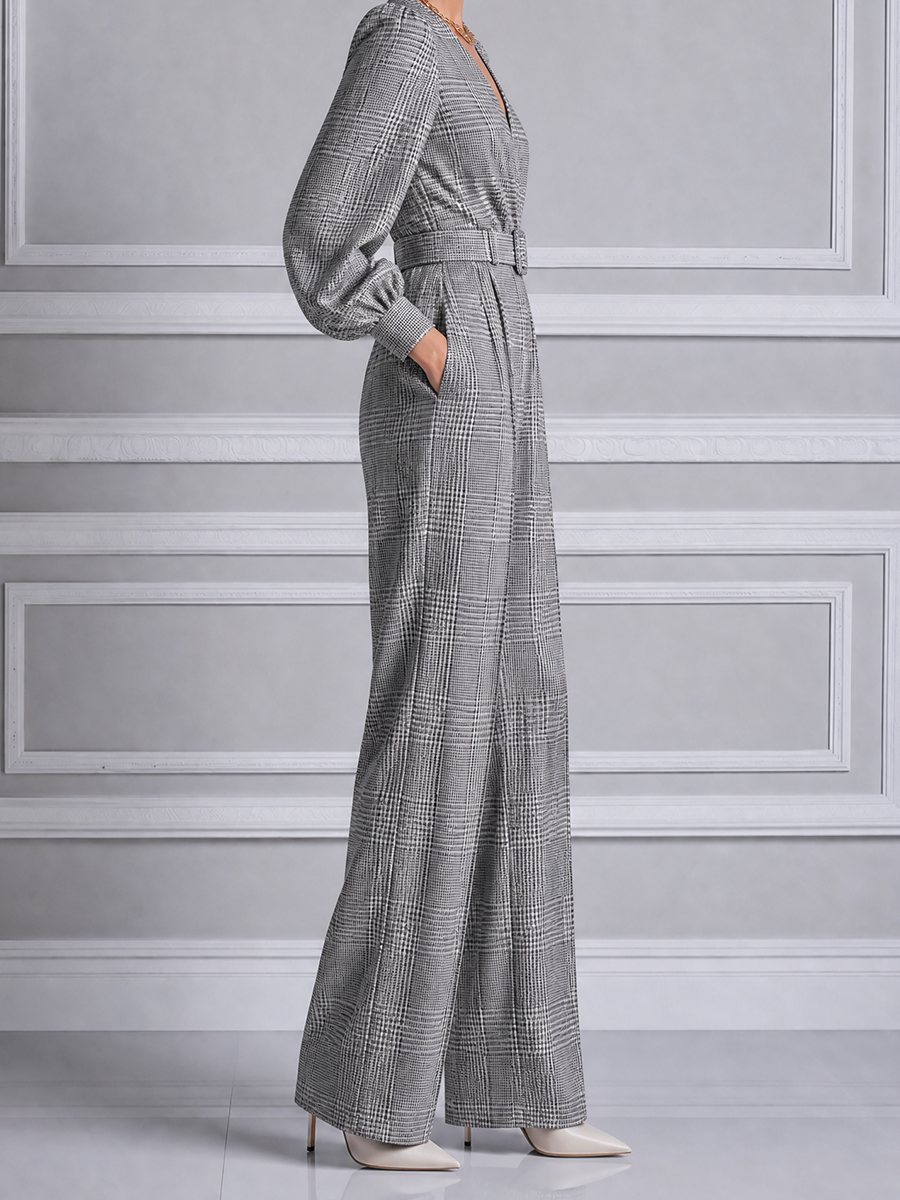 Gray Fall Fashion Plaid Belted V-Neck Wide Leg Jumpsuit