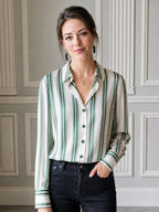 Ivory And Green Striped Satin Button-Up Blouse