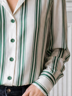 Ivory And Green Striped Satin Button-Up Blouse