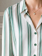 Ivory And Green Striped Satin Button-Up Blouse