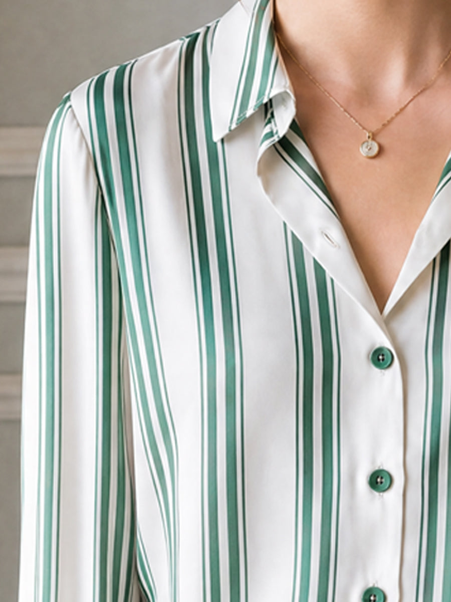Ivory And Green Striped Satin Button-Up Blouse
