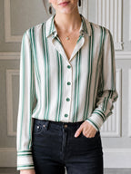Ivory And Green Striped Satin Button-Up Blouse