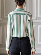 Ivory And Green Striped Satin Button-Up Blouse