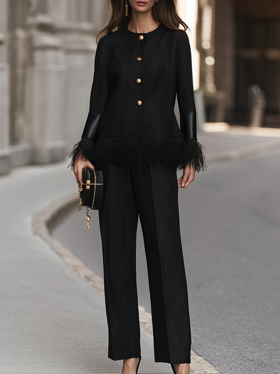 Fringe-Trim Button-Front Jacket And Wide-Leg Pants Set