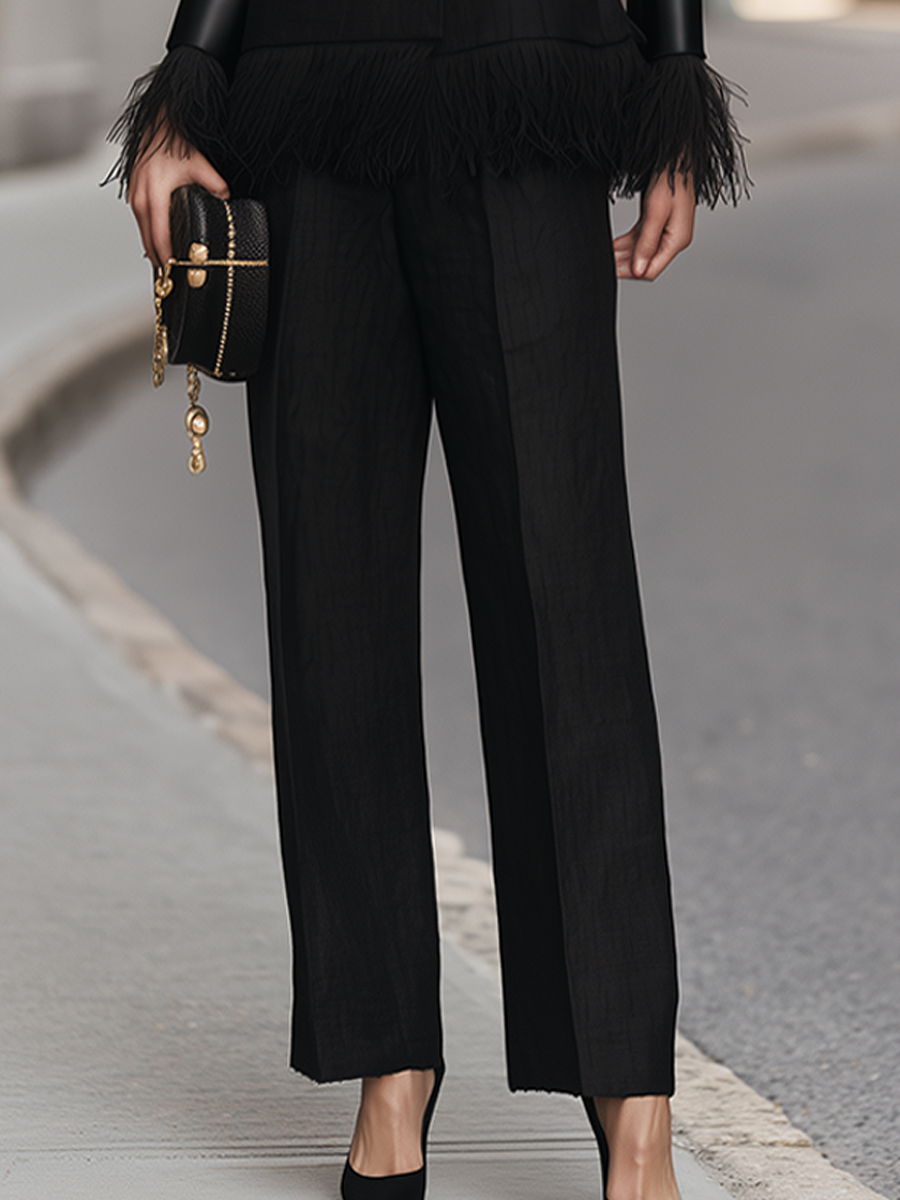 Fringe-Trim Button-Front Jacket And Wide-Leg Pants Set