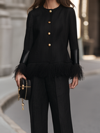 Fringe-Trim Button-Front Jacket And Wide-Leg Pants Set