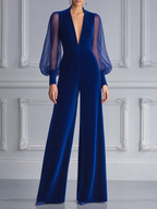 Royal Blue Fall Fashion Deep V Sheer Sleeve Wide Leg Jumpsuit