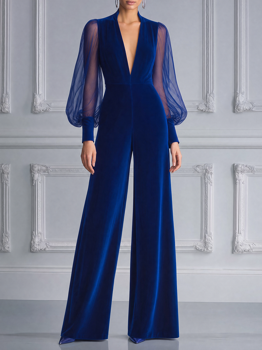 Royal Blue Fall Fashion Deep V Sheer Sleeve Wide Leg Jumpsuit